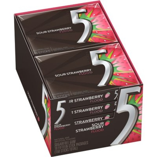 [15080] Five Flood Sour Strawberry Gum 10 ct 15 Sticks